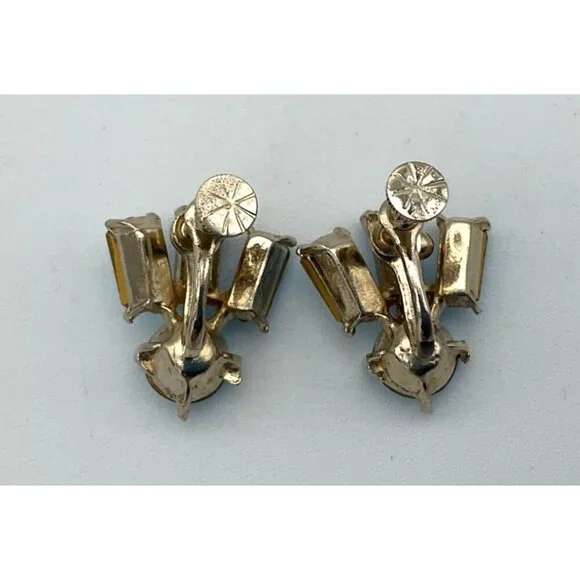 Vintage 1950s Art Deco Blue Zircon Screw Back Earrings With Emerald & Round Cut - Picture 2 of 3